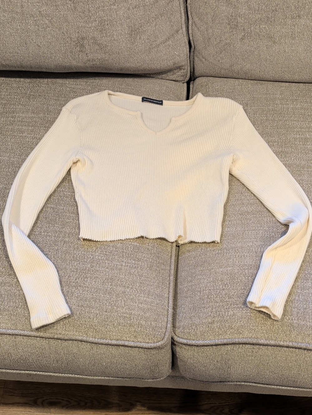 Brandy Melville Cream Ribbed Long-Sleeve Crop Top
